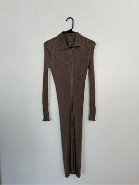 Anthropologie Brown Ribbed Zip-Front Maxi Dress